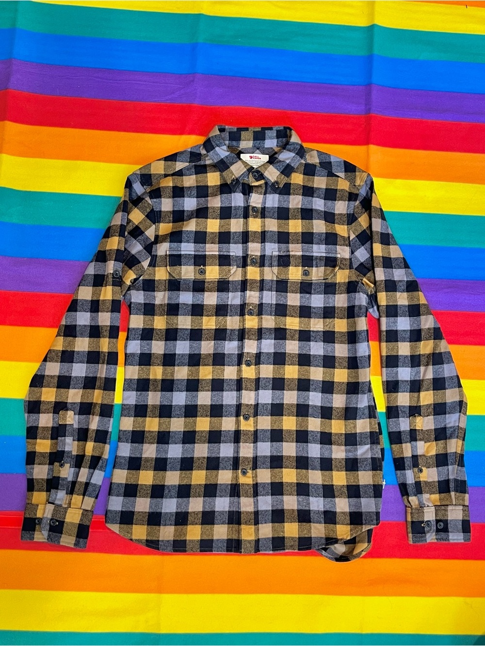 Fjallraven Skog Slim Fit Shirt, Black Grey Yellow Plaid Button-Down Flannel, S